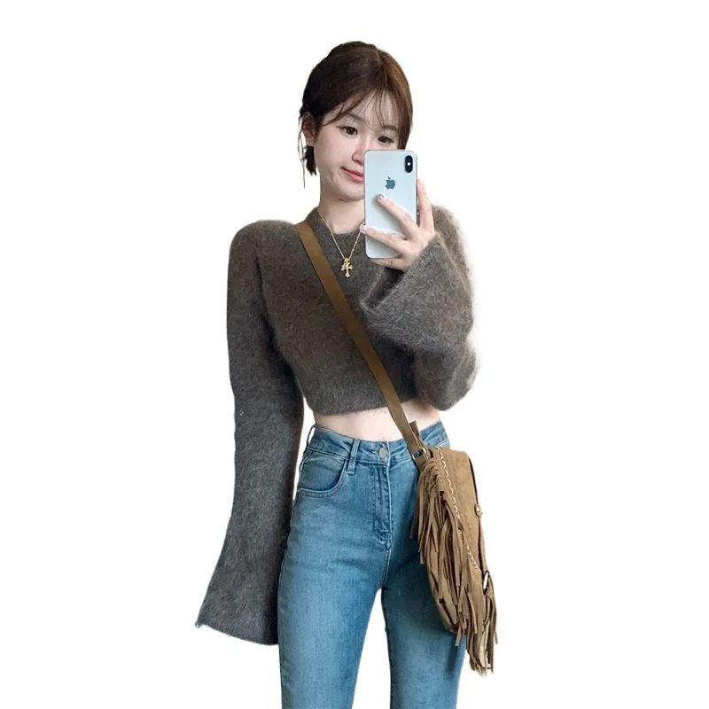 Wjczt concert outfit Bell Sleeve Korean Style Velvet Sweater for Women Autumn and Winter New Sweet Hot Girl Pullover Slim Slimming Short Sweater Top Bright Pastel Dark