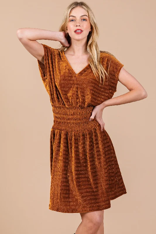 CAMEL TEXTURED KNIT SMOCKING DETAILED MINI DRESS CFDLU51382SA Fashionable Mini Dress with Frills