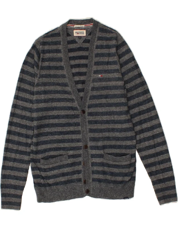 TOMMY HILFIGER Mens Cardigan Sweater Small Grey Striped Cotton Fitted Slim Tailored