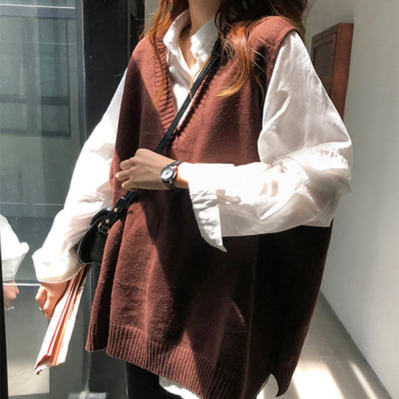 Wjczt fall outfits women Spring New Korean Style All-Match Vest Vest Lazy Style Sweater Female Student Loose Sleeveless Sweater Hooded Caped Shawl Collar