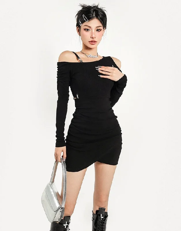 Alexa Solid Color Black Long Sleeve Mini Dress Cozy Satin Mini Dress