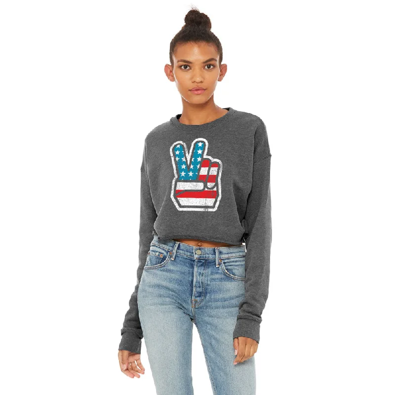 American Peace Sponge Fleece Crop Sweatshirt Hoodie with Print Artistic Unique