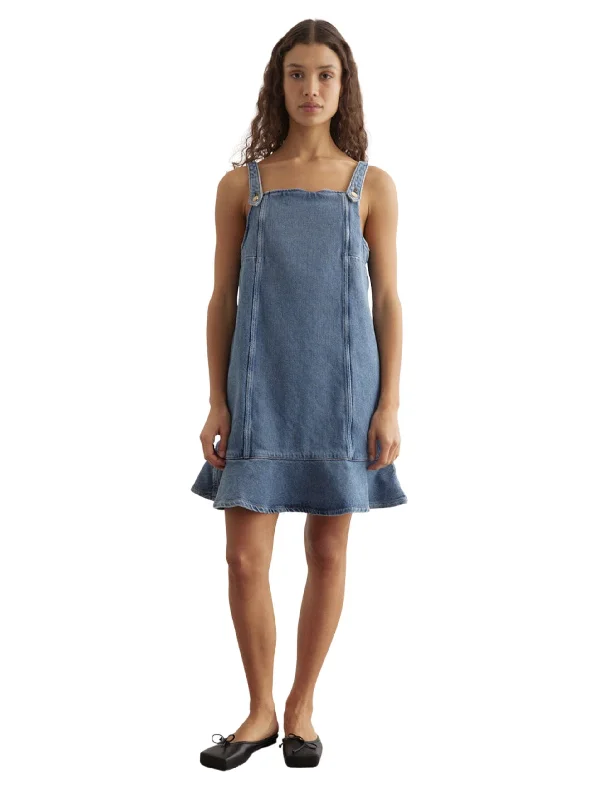 Heavy Denim Mini Dress / Tint Wash Casual V-Neck Mini Dress