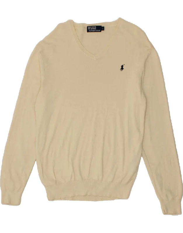 POLO RALPH LAUREN Mens V-Neck Jumper Sweater Large Off White Cotton Machine Wash Dry Clean Hand Wash