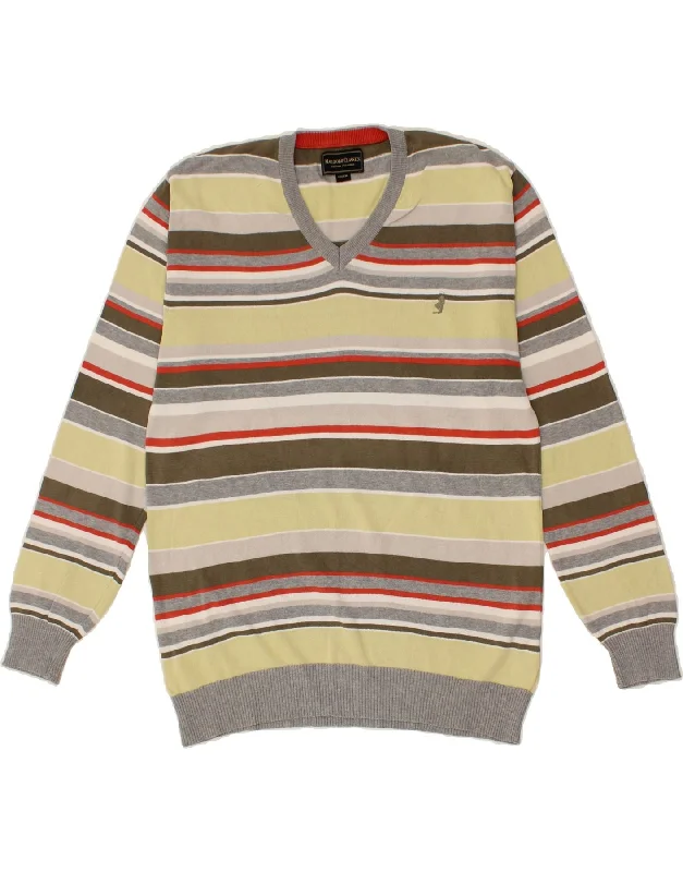 MARLBORO CLASSICS Mens V-Neck Jumper Sweater 2XL Multicoloured Striped Thin Thick Dense