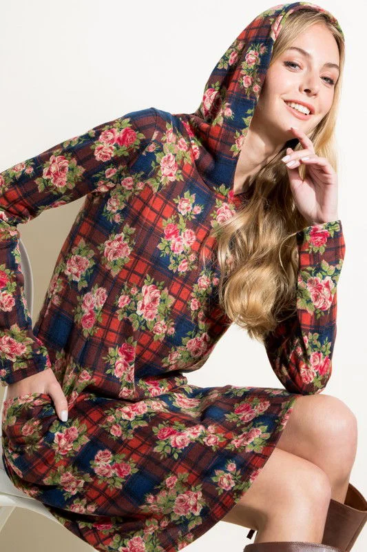 Floral And Plaid Print Sweatshirt Mini Dress Hoodie with Tied Waist Feminine Flattering