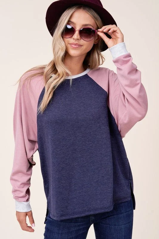 E Luna Solid Terry Color Block Sweatshirt Hoodie with Rolled Sleeves Casual Relaxed