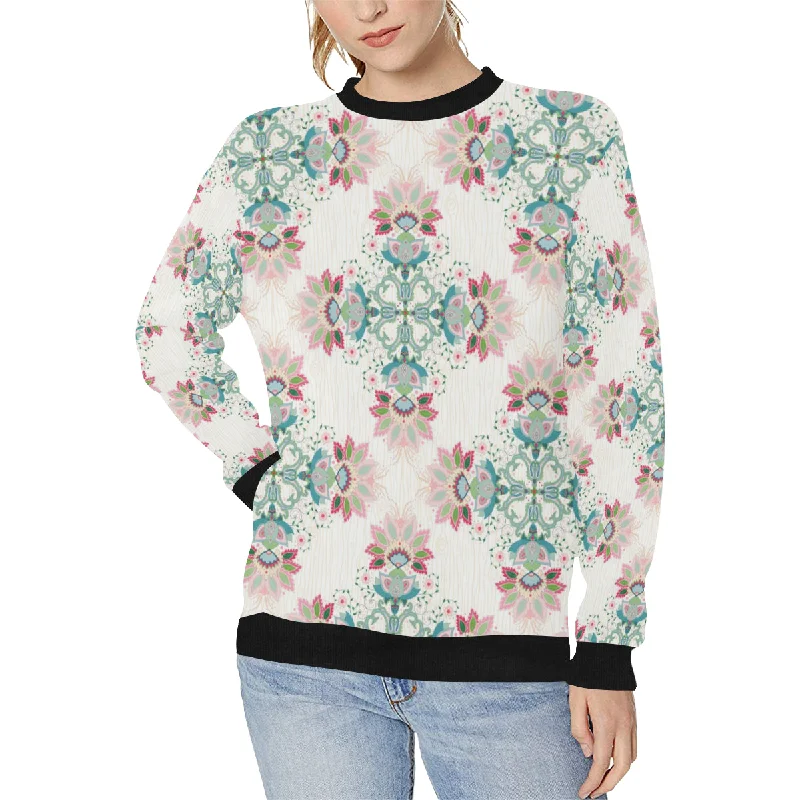 Square floral indian flower pattern Women's Crew Neck Sweatshirt Hoodie with Frayed Bohemian Relaxed