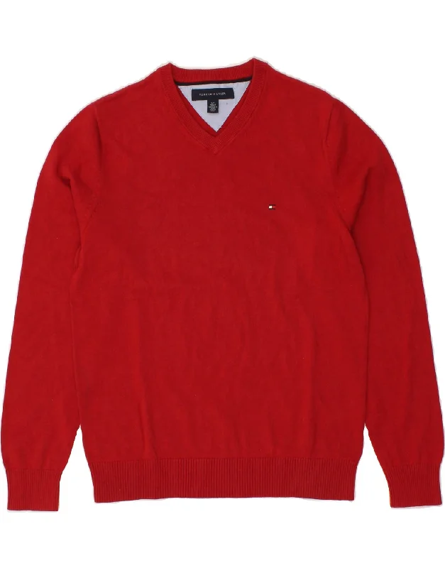 TOMMY HILFIGER Mens V-Neck Jumper Sweater Small Red Cotton Bright Pastel Dark