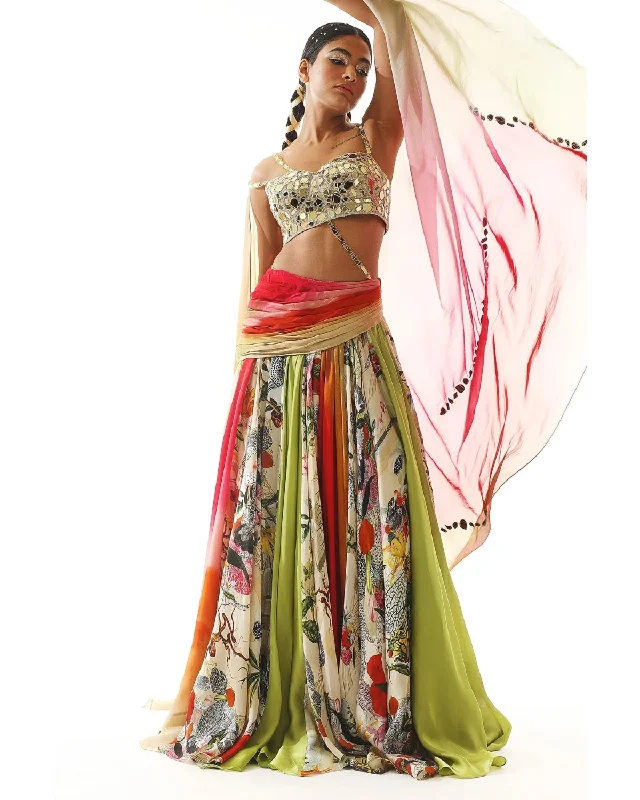 Multi-Colored Satin Organza Printed Lehenga and Mirror Blouse Set Vintage Lace Blouse