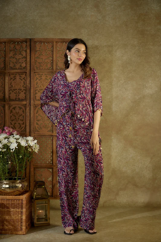 Purple Printed Kaftan Top, Bustier And Pants Co Ord Set Trendy Wide-Legged Trousers