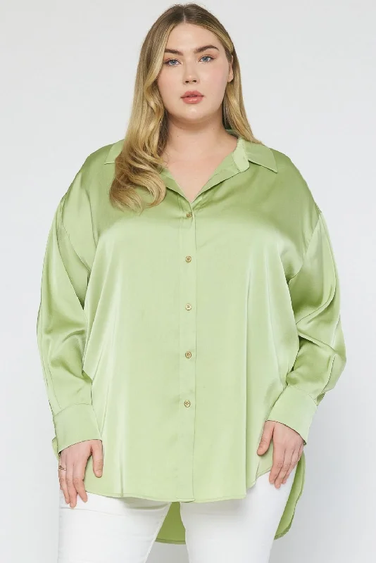 Curvy Gal Satin Button Up Blouse - Sage Pleated Collar Blouse