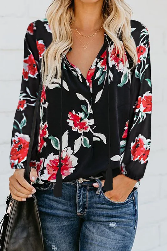 Black Floral Print Peasant Long Sleeve Blouse Everyday Stylish Blouse