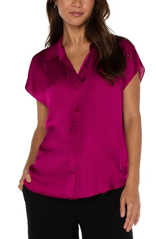 Collared Silky Button Down Blouse w Short Cap Dolman Slvs Office-Ready Blouse