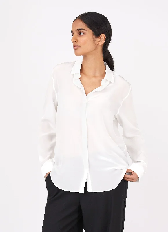 Women's Silk Blouse in Ecru Ruched Sleeve Blouse