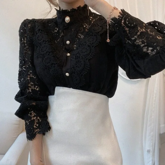 Petal Sleeve Stand Collar Hollow Out Flower Lace Patchwork Shirt Femme Blusas All-match Women Lace Blouse Button White Top Soft Satin Blouse