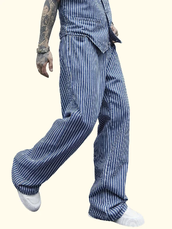 Relaxed Fit Striped Denim Pants for Men - Comfortable, Breathable, Versatile Business Casual Wear for Daily Life - Soft Fabric, Adjustable Waistband, Multiple Pockets Formal Wide-Leg Pants