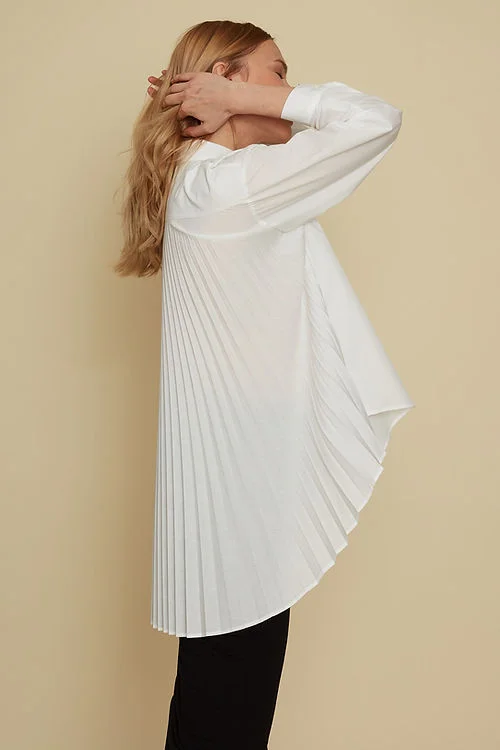 WHITE BUTTON DOWN BLOUSE WITH PLEATS Chic Off-Shoulder Blouse