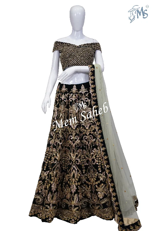 Bridal Ghagra Choli Green Velvet Blouse and Embroidery Lehenga and Net Dupatta Satin Long Blouse