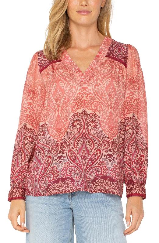 V-NECK POPOVER WOVEN BLOUSE Embroidered Cotton Blouse