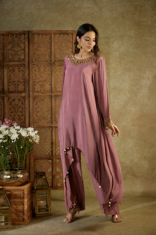 Rose Pink Embroidered Asymmetrical Kurta And Pants Set Elegant Palazzo Trousers