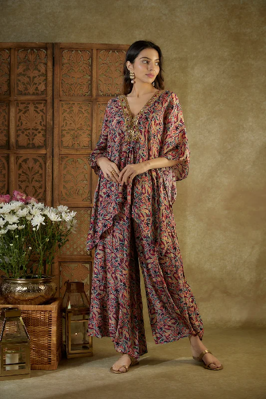 Ivory Printed Kaftan Top And Pleated Dhoti Pants Set Classic Straight Pants