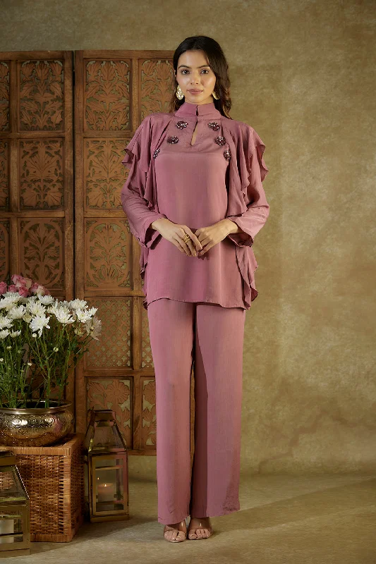 Rose Pink Ruffle Top And Pants Co Ord Set With Embroidery Cozy Jogger Leggings