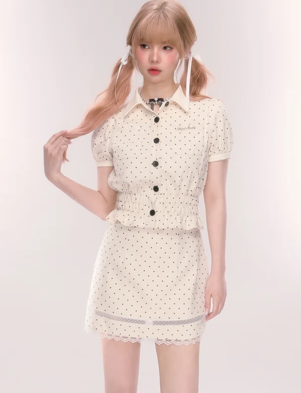 Ruffled Polka Dot Puff Sleeve Blouse & Lace Hem Skirt QDQ0047 Modern Work Blouse