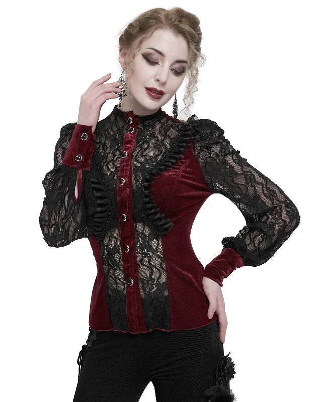 Eva Lady Womens Gothic Courtesan Lace & Velvet Ruffle Blouse - Red & Black Peter Pan Blouse