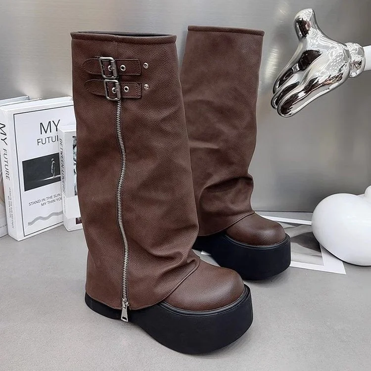 British Style Martin Boots for Women  New Autumn and Winter Fleece-lined Platform Ankle Boots Small Pants Boots Brown Pile Style Boots Elegant Silk Pants