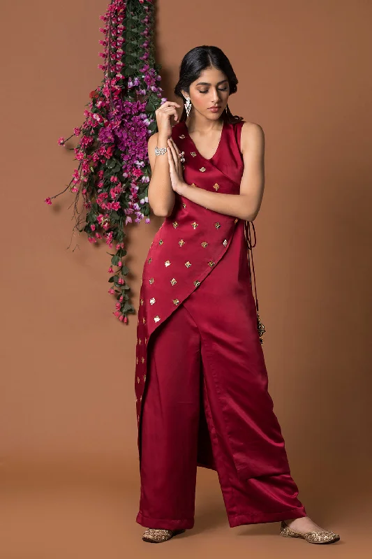 Red Kurta With Pants Set Trendy Palazzo Pants