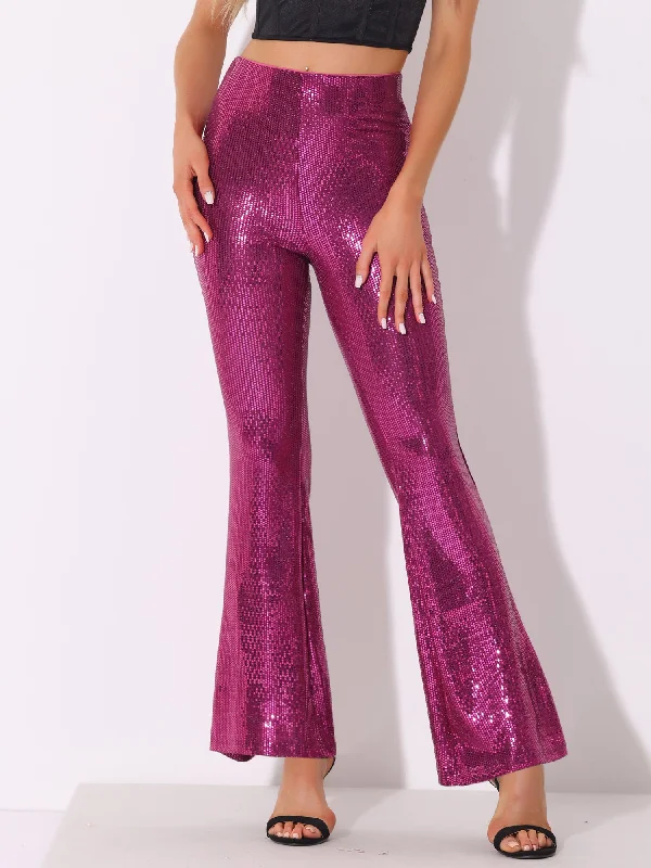 Sequin Glitter Sparkle Bell Bottoms Stretch Shiny Flare Pants Stylish Elastic Waist Pants