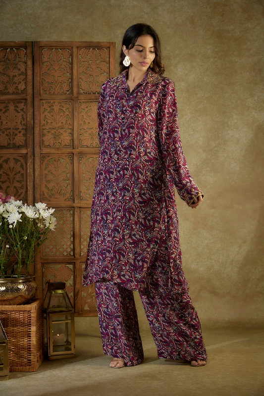 Purple Printed Embroidered Long Kurta And Pants Set Elegant Silk Pants