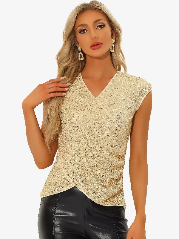 Sparkle Glitter V Neck Cap Sleeve Sequin Party Club Blouse Tops Modern Oversized Blouse