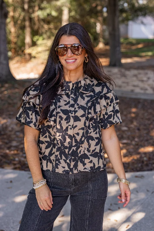 Refined Florals Taupe Blouse Side Tie Blouse