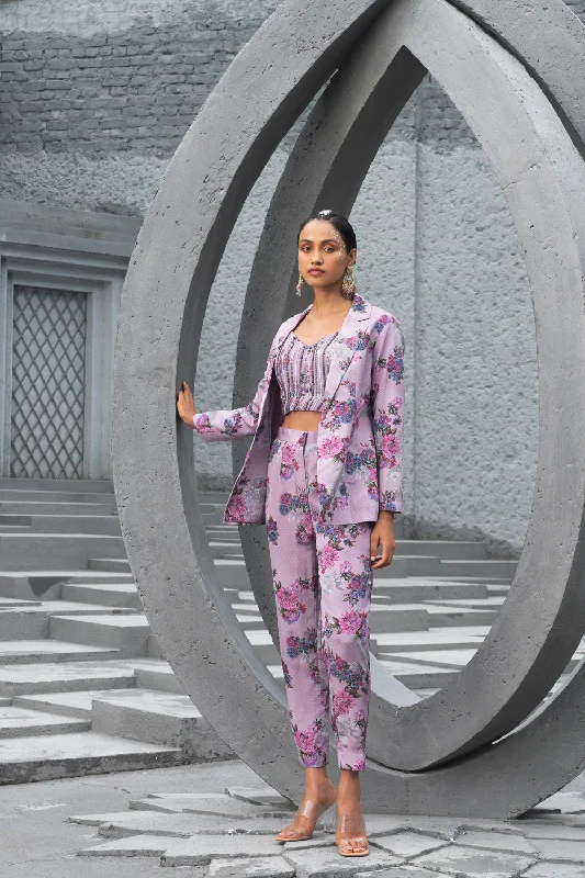 Lavender Printed Pant Suit Set Comfortable Denim Leggings