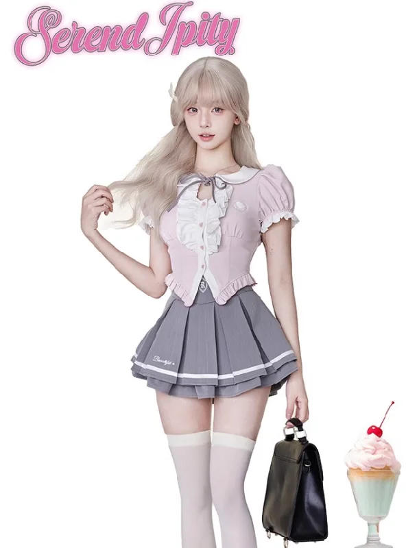 Round Collar Ruffle Girly Blouse & College Style Pleated Skirt SER0026 Feminine Pastel Blouse