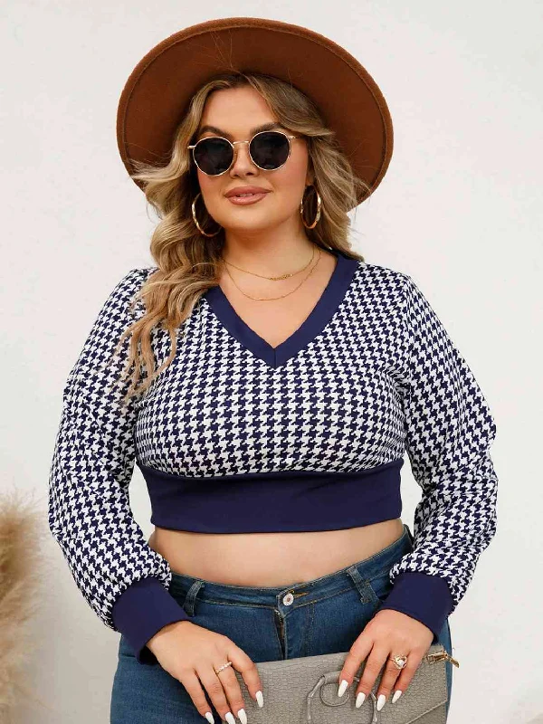 Plus Size Houndstooth V-Neck Long Sleeve Blouse Feminine Puff Blouse