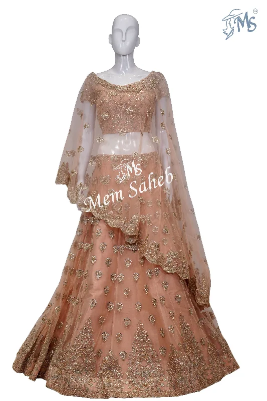 Bridal Ghagra Choli Peach Colour with Designer Blouse and Cape Dupatta Elegant Semi-Sheer Blouse