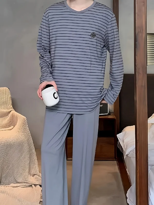 Men's Striped Pajama Set - Comfy Long Sleeve & Pants, Round Neck, Spring/Fall Loungewear Trendy Velvet Pants