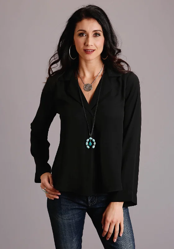 Stetson Black Poly Crepe V-Neck Long Sleeve Blouse Side Tie Blouse