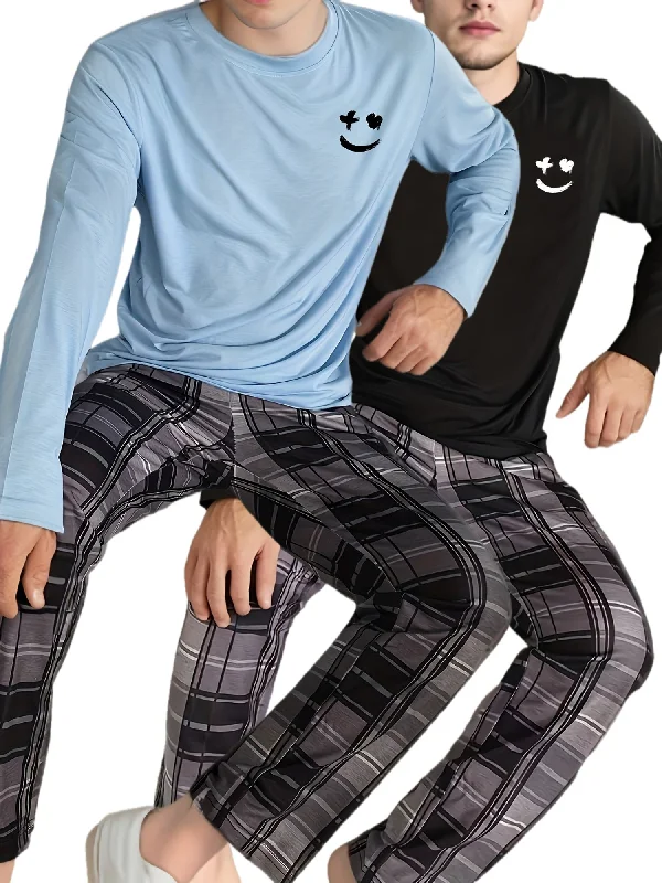 2 Pcs Men's Pajama Sets, Happy Face Pattern Long Sleeves & Plaid Pants, Comfortable & Gentle Style Pajamas For Men's Summer Cozy Loungewear Cozy Maternity Pants