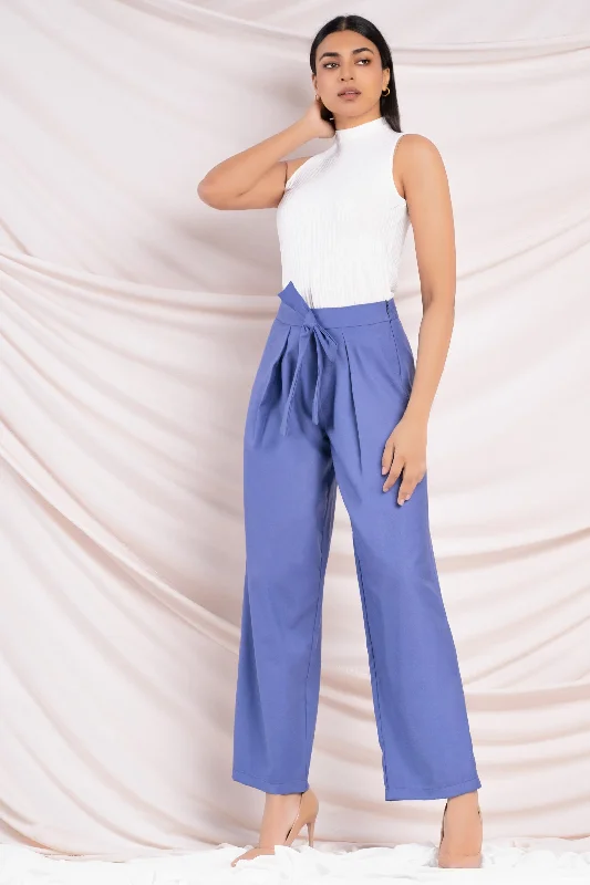 Blue Wide Leg Pant Chic Wool Trousers