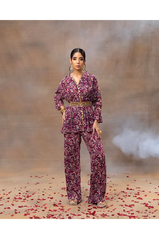 Purple Printed Embroidered Top, Pants And Belt Co Ord Set Soft Stretch Pants