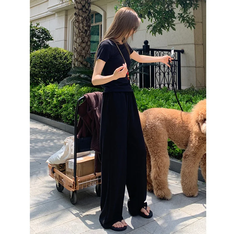 Nantao High-Grade Sports Suit Women's  New Younger Short Sleeve Casual Wear Wide-Leg Pants Lazy Two-Piece Suit Elegant Trouser Pants