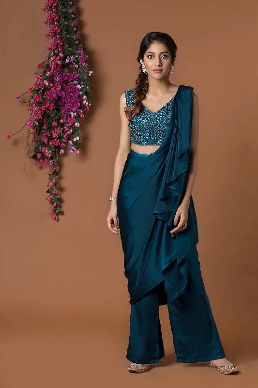 Teal Pant Sari With Belt Sleek Black Pants