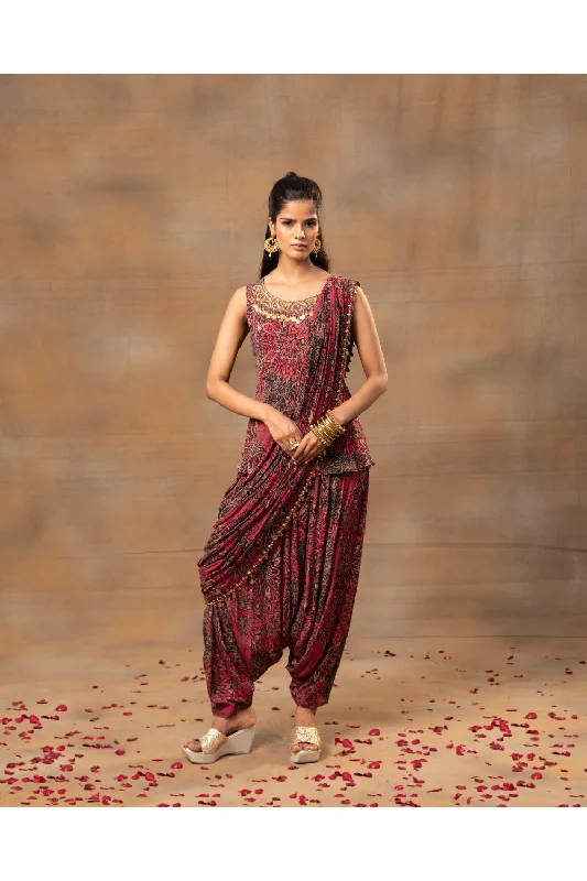 Pink Printed Embroidered Short Top, Dhoti Pants  And Drape Set Lightweight Jogger Pants