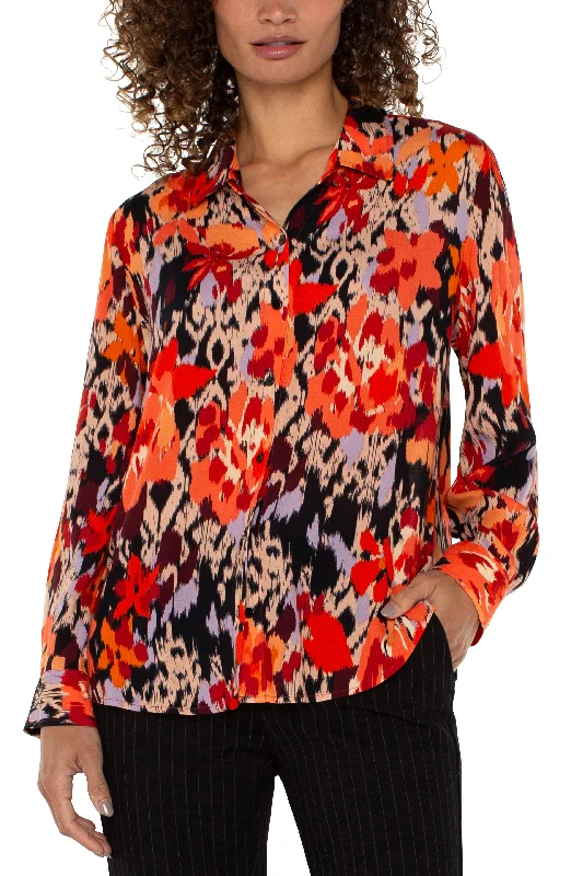 LONG SLEEVE BUTTON UP WOVEN BLOUSE Satin Drape Blouse