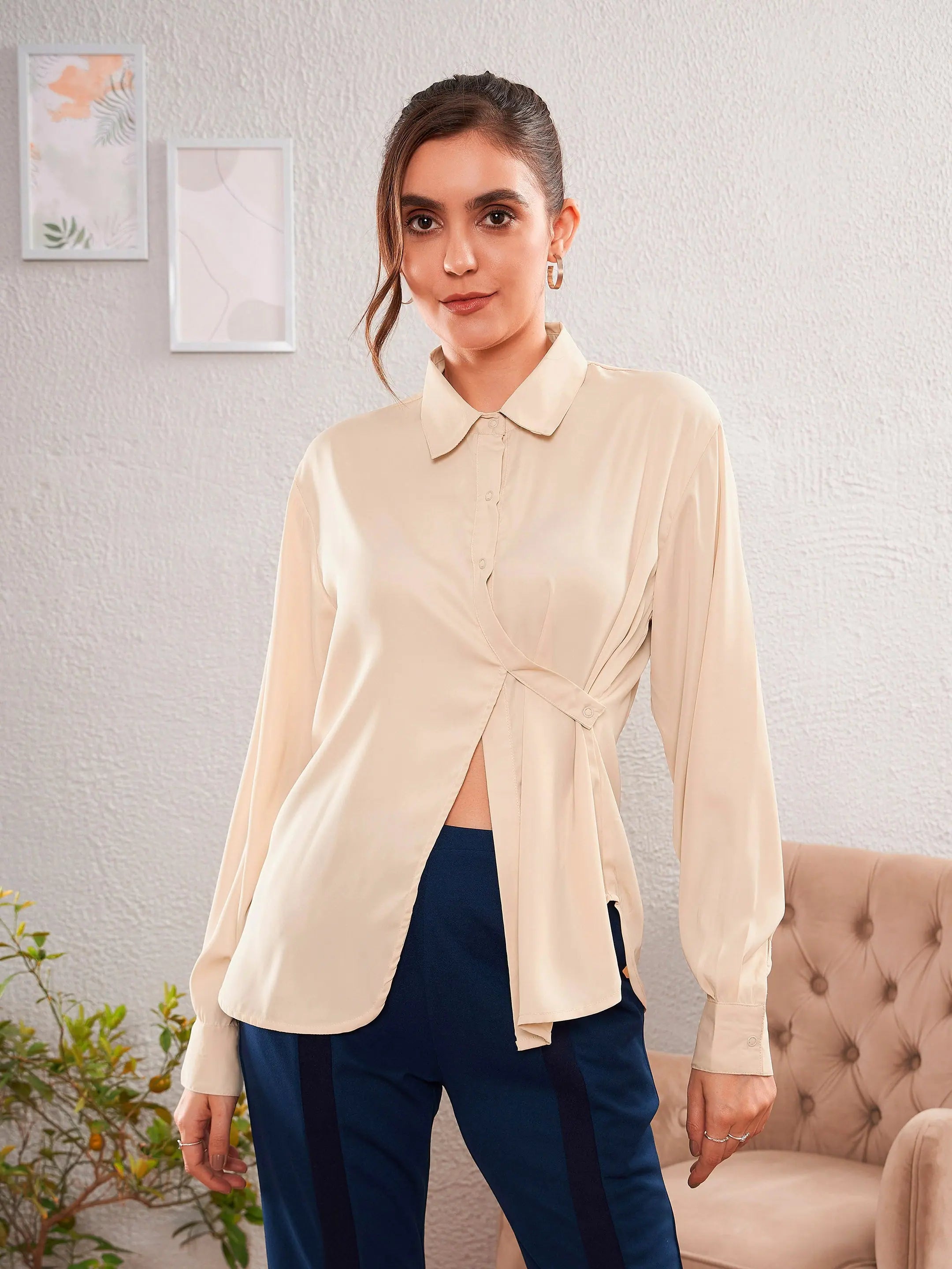 Women Beige Satin Satin Turn-Down Collar Blouse Chic Square Blouse