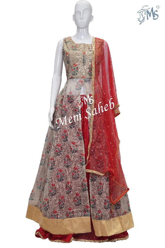 Ghagra Choli Cream Long Blouse Front open with Red Skirt and Net Dupatta Chic Off-Shoulder Blouse